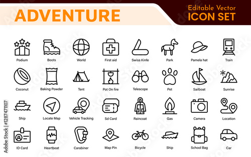 Adventure Icon Set. An exciting collection of icons that captures the spirit of exploration, perfect for travel apps, outdoor websites, and promotional materials for adventure and thrill-seeking.