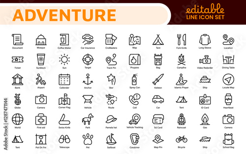 Adventure Icon Set. An exciting collection of icons that captures the spirit of exploration, perfect for travel apps, outdoor websites, and promotional materials for adventure and thrill-seeking.