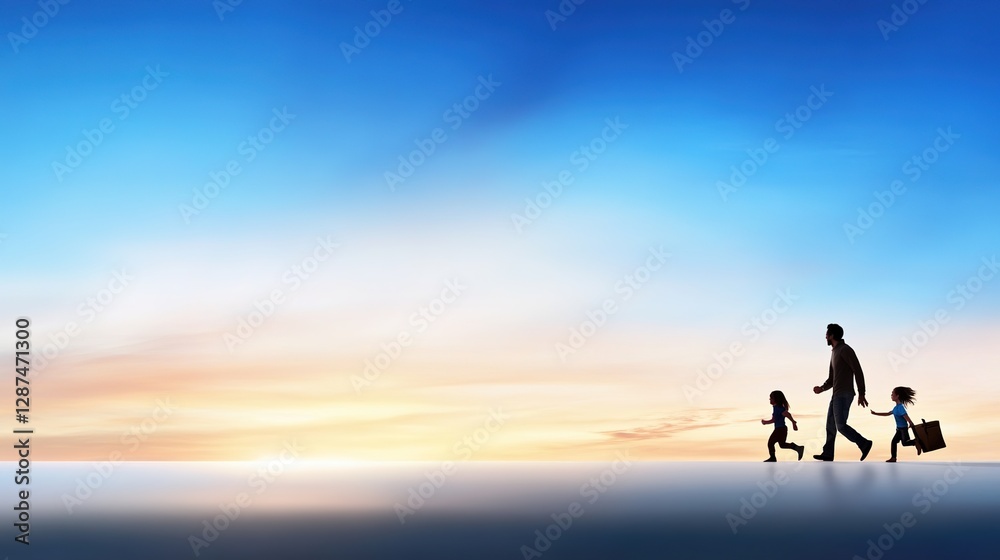 Family Walking Together at Sunset in a Serene Landscape Scene Family Walking Together at Sunset in a Serene Landscape Scene