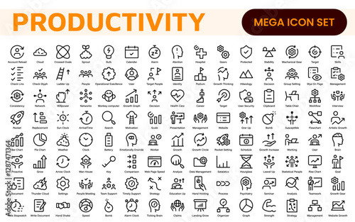 Productivity and Efficiency Icons Collection. Vector Icons for Task Management, Time Optimization, Work Process, and Goal Achievement