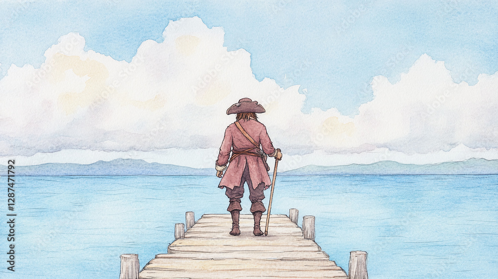 A Solitary Pirate on a Wooden Pier, Watercolor Seascape A Solitary Pirate on a Wooden Pier, Watercolor Seascape
