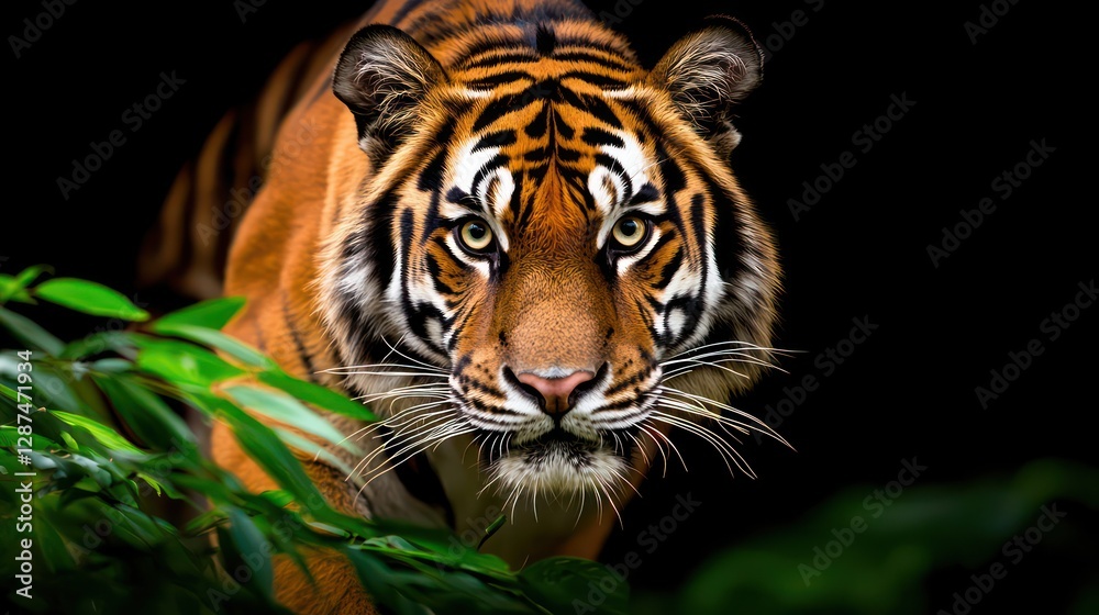 Obraz premium Striking Portrait of a Majestic Tiger Amidst Lush Greenery with Intense Gaze and Dark Background Capturing Wildlife Beauty