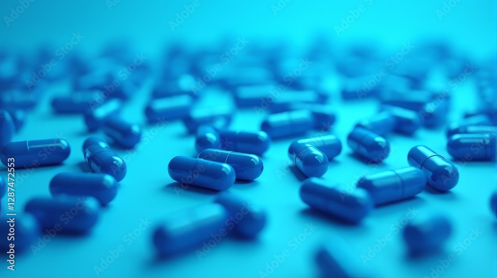 Blue capsules scattered randomly across a surface. The capsules are uniformly colored in a vibrant blue shade, with a glossy finish that reflects light. Blue capsules scattered randomly across a surface. The capsules are uniformly colored in a vibrant blue shade, with a glossy finish that reflects light.