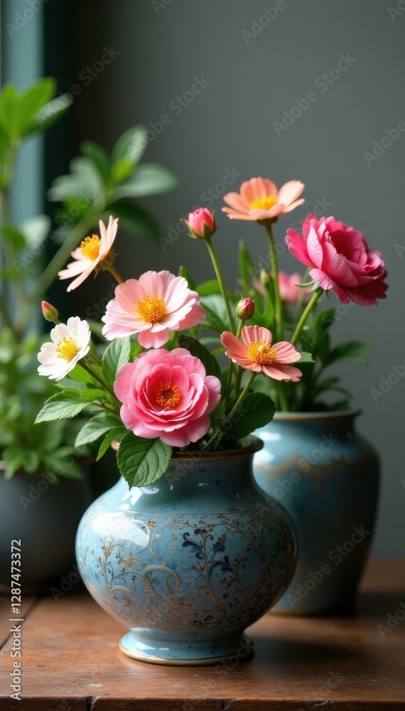 Delicate flowers in intricately designed containers , craft, home decor Delicate flowers in intricately designed containers , craft, home decor