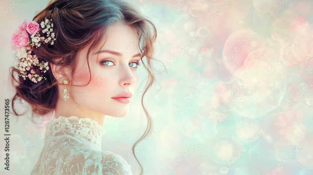 woman with naturally beautiful skin and elegant hairstyle adorned with pink roses and delicate flowers gazes softly against dreamy pastel background woman with naturally beautiful skin and elegant hairstyle adorned with pink roses and delicate flowers gazes softly against dreamy pastel background