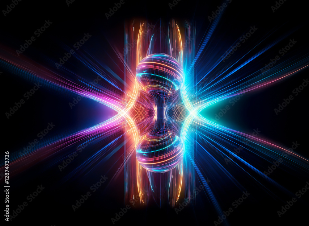 Abstract symmetrical design featuring two spheres emitting vibrant light rays in orange, blue, and pink against a dark background. Abstract symmetrical design featuring two spheres emitting vibrant light rays in orange, blue, and pink against a dark background.