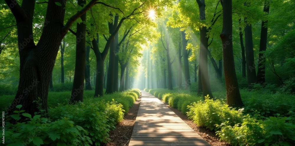 Fototapeta premium Elevated boardwalk path through towering trees, sunlight dappling leaves, hiking, adventure