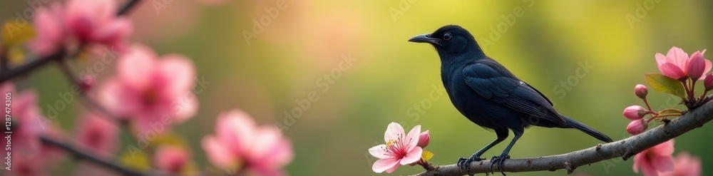 Obraz premium Glossy black starling perched, beak agape, delicate spring blooms, beak, garden, image