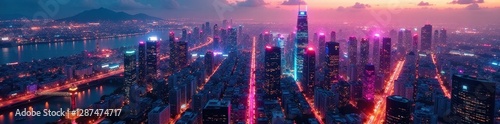 High-angle view of a dazzling city with rainbow-hued buildings   beautiful  amazing