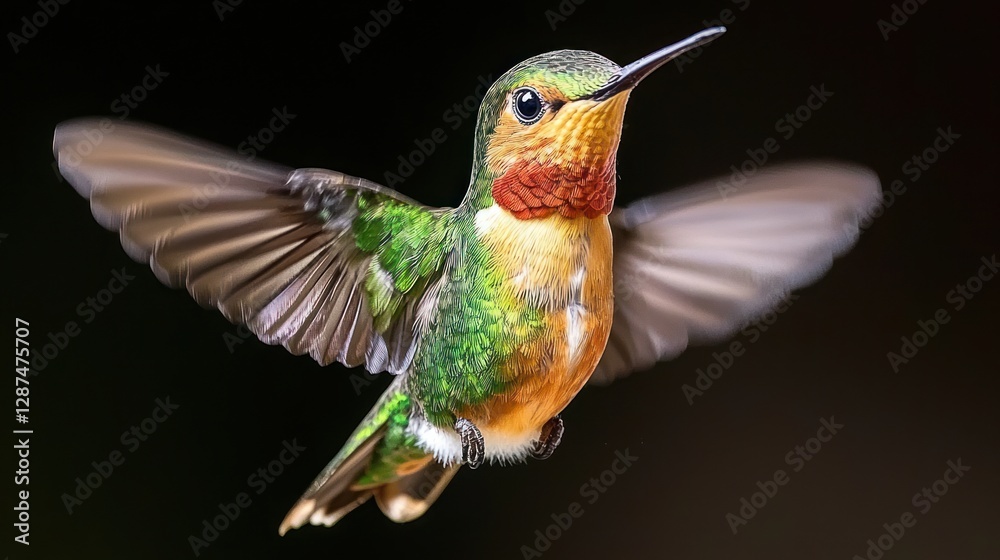 Fototapeta premium Hummingbird in Flight with Wings Spread Against Dark Background Capturing Nature's Beauty and Graceful Movement in a Moment of Serene Tranquility