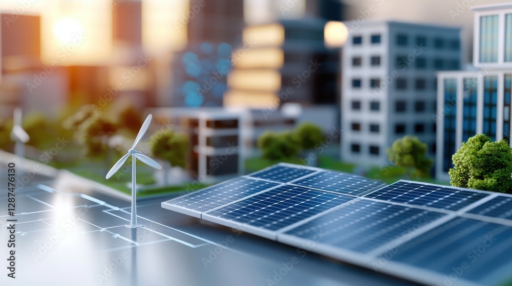 Fototapeta premium Sustainable city model showcasing solar panel array and wind turbine against urban backdrop at sunset