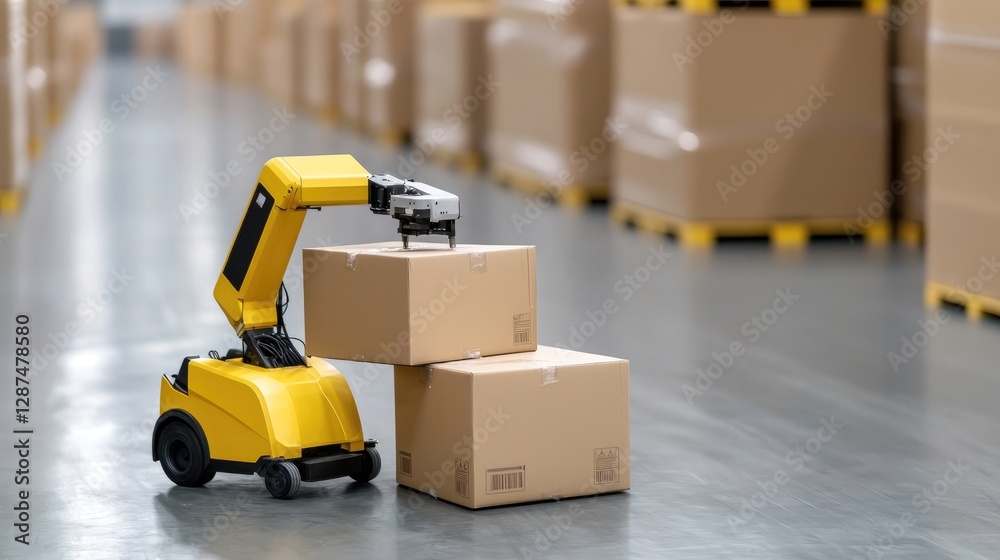 Robot stacking boxes in warehouse; automated logistics