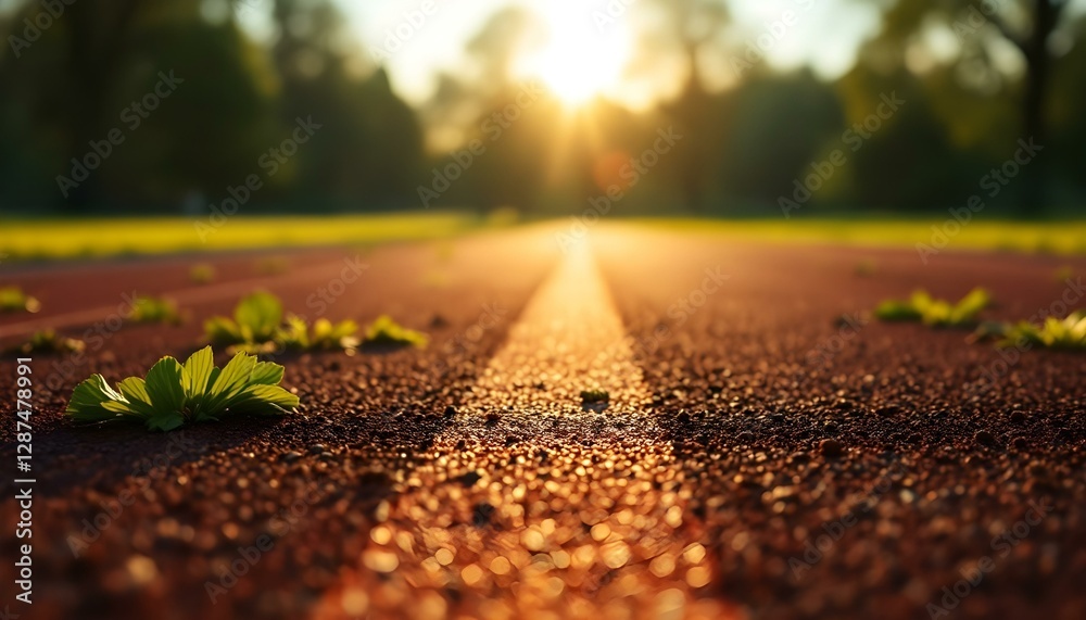 A lively running track encircled by lush grass and trees, ideal for outdoor activities in the spring A lively running track encircled by lush grass and trees, ideal for outdoor activities in the spring