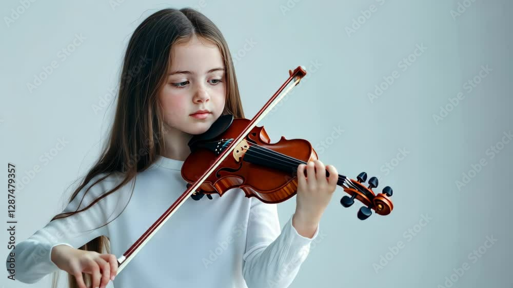 Young girl playing the violin with focus and grace against a light blue background Studio portrait emphasizing music, learning, and creativity Concept for education, art, and performance Young girl playing the violin with focus and grace against a light blue background Studio portrait emphasizing music, learning, and creativity Concept for education, art, and performance