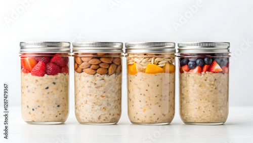 overnight oats nutrition wholesome fiber meal prep low calorie Four jars of overnight oats layered with fruits and nuts, showcasing a healthy breakfast option.