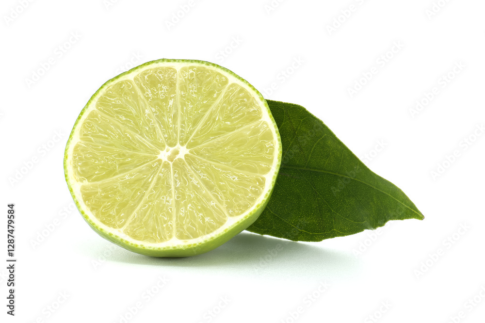 Fresh lime slice resting on a vibrant green leaf Fresh lime slice resting on a vibrant green leaf