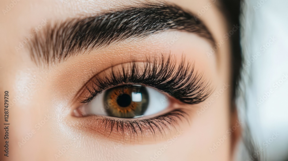 Fototapeta premium Close-up of a womans eye with long eyelashes, soft window light from left,