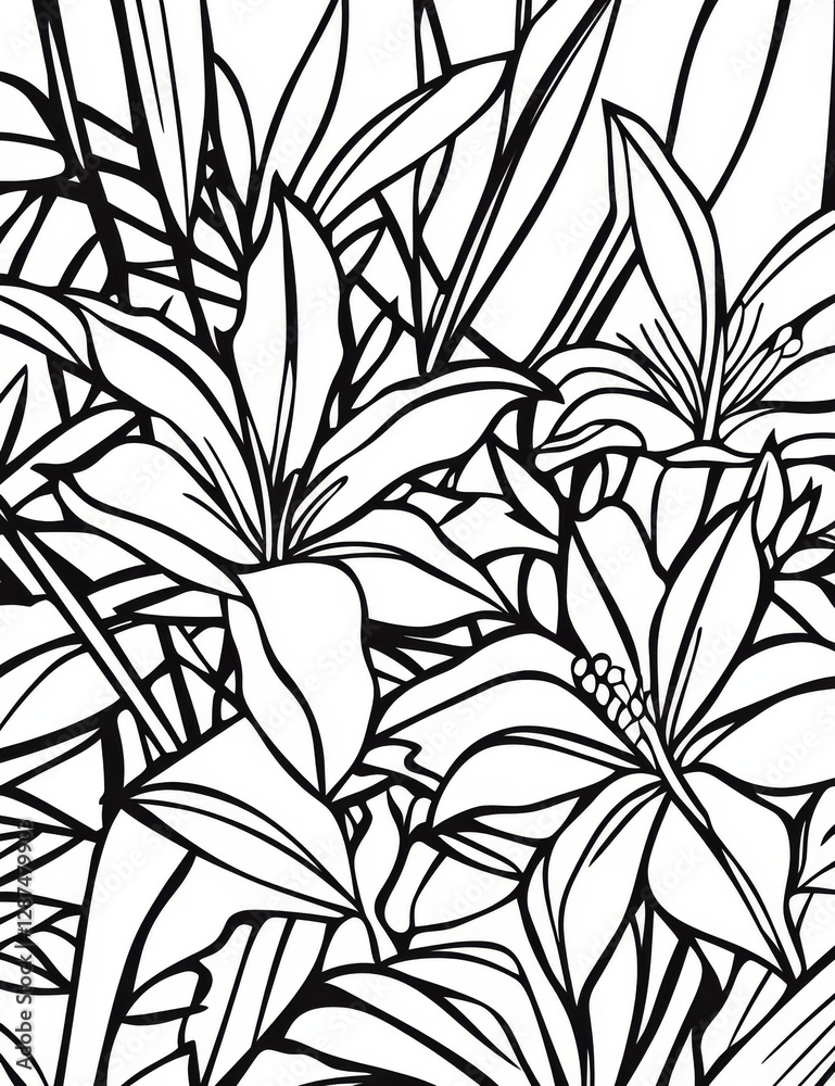 Fototapeta premium Coloring page featuring intricate floral designs with various flowers and leaves