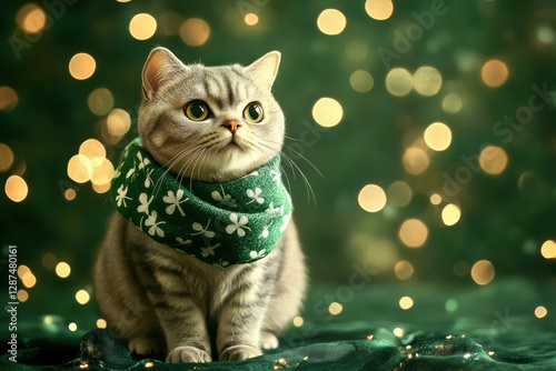 Happy St. Patrickâ€™s Day Background, A Scottish Fold cat with a shamrock-patterned scarf, sitting with its ears folded back on a dark green backdrop with softly glowing bokeh lights and radian