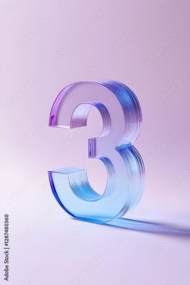 Fototapeta premium Transparent Glass Number 3 in Blue Gradient Color Standing Upright on Purple Background with Reflection Effect