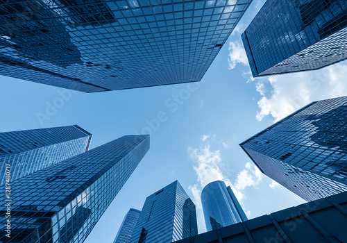 Majestic Skyscrapers Reaching for the Sky: A Low Angle View of Modern Architecture in a Vibrant City
