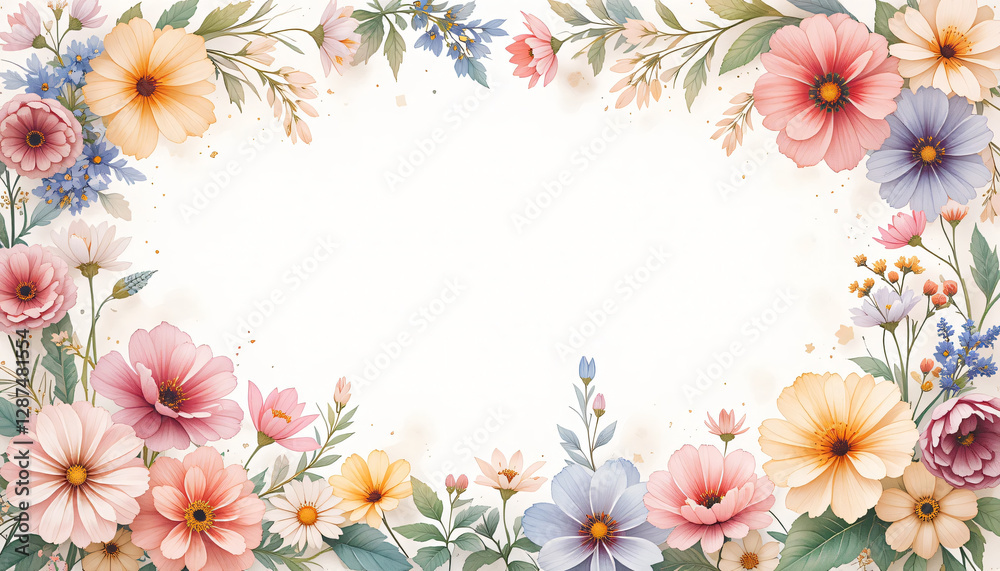 Fototapeta premium Pastel Watercolor Flower Frame, Hand-Painted with Seasonal Spring Flowers in An Organic Arrangement