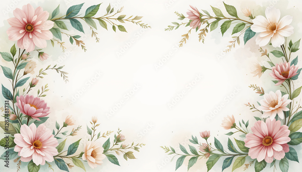 Obraz premium Graceful Botanical Border with Dancing Flowers and Soft Spring Tones, Copy Space for Text Design