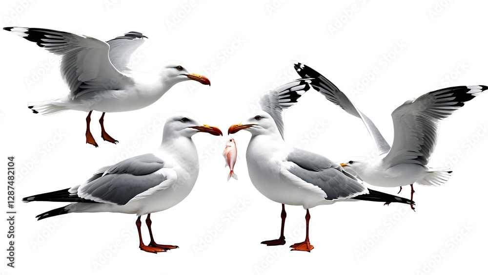 Fototapeta premium Seagull set featuring multiple poses, high-resolution PNG images of seabirds in flight and resting, ideal for maritime and beach-themed visuals