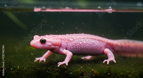 Pink Axolotl Walking Underwater with Water Droplets on Its Skin