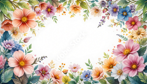 Charming Watercolor Floral Frame with Bright Spring Flowers and Elegant Greenery, Center Copy Space for Text Design