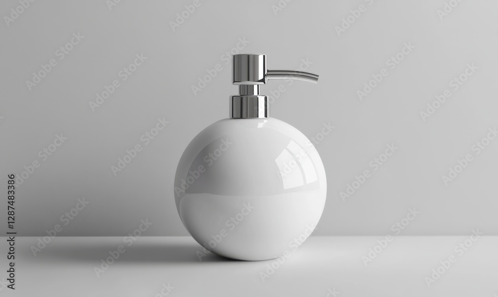 Fototapeta premium White spherical soap dispenser on white surface, minimalist bathroom decor