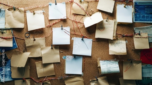 A cork board filled with blank paper notes, strings, and pushpins, evoking a crime-solving detective investigation.