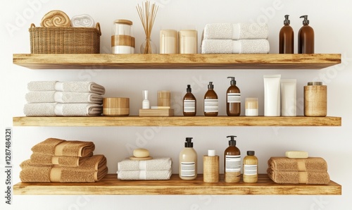 Wallpaper Mural Wooden shelves with towels, toiletries, and spa accessories Torontodigital.ca