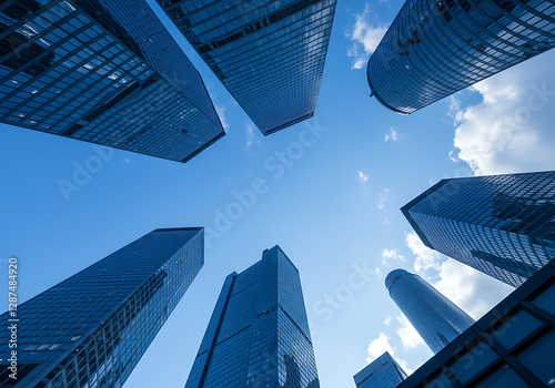 Majestic Metropolis Skyscrapers Reaching for Azure Sky: A Low Angle View of Modern Architecture
