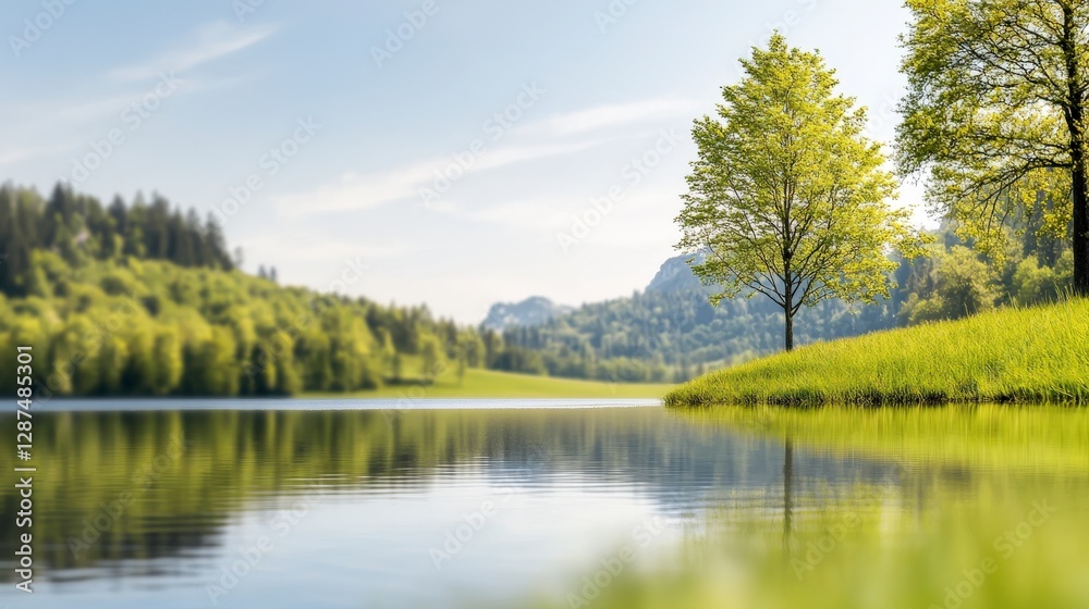 Tranquil Lake Scene with Lush Green Trees and Serene Reflections of Nature Under a Clear Blue Sky Tranquil Lake Scene with Lush Green Trees and Serene Reflections of Nature Under a Clear Blue Sky