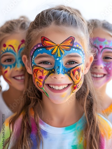 Three young girls with face paint smiling at a childrens event with face painting booths and laughter