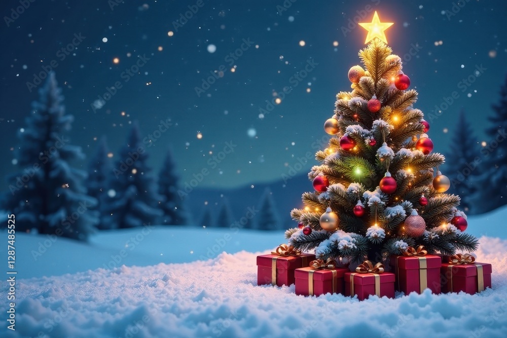 Obraz premium Snow-covered landscape, ornate Christmas tree, presents , rustic, snow, gifts