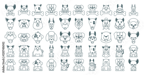 Set of vector icons of dogs with white background on black lines