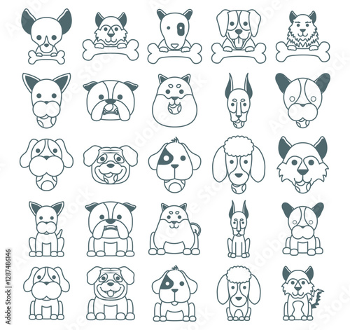 Set of vector icons of dogs with white background on black lines