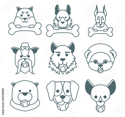 Set of vector icons of dogs with white background on black lines