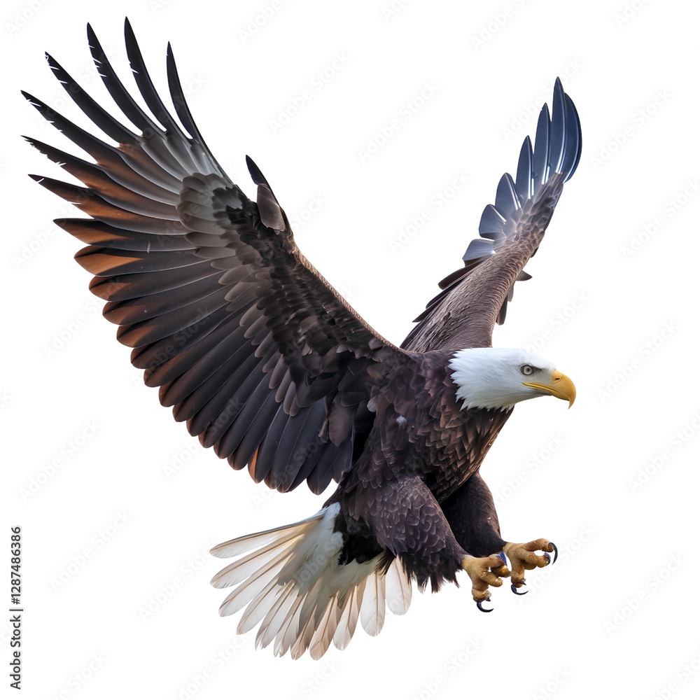 Obraz premium Majestic bald eagle in mid-flight with wide-spread wings and sharp talons, isolated on transparent background PNG