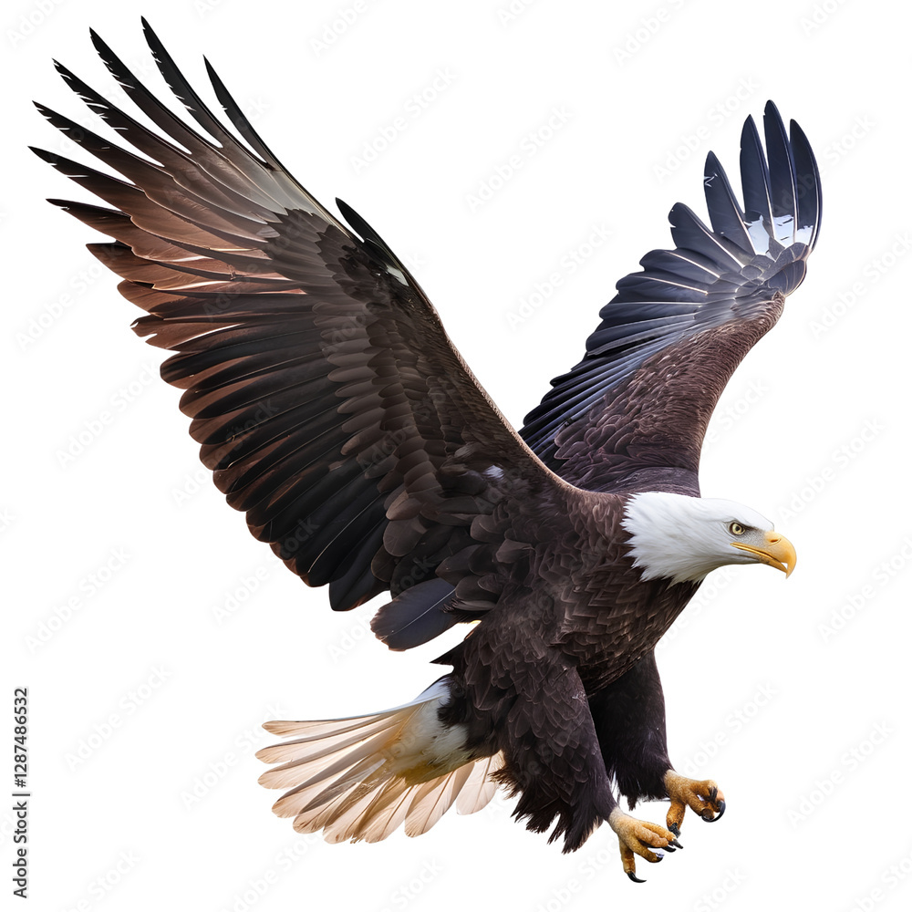 Majestic bald eagle in mid-flight with wide-spread wings and sharp talons, isolated on transparent background PNG Majestic bald eagle in mid-flight with wide-spread wings and sharp talons, isolated on transparent background PNG