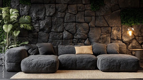 Modern lounge in dark stone interior photo