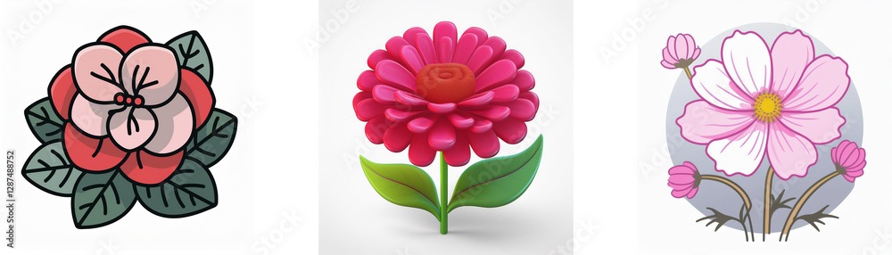 Φωτογραφία Three flower illustrations are depicted: a red and pink flower with green leaves, a vibrant pink dahlia, and a light pink cosmos with buds