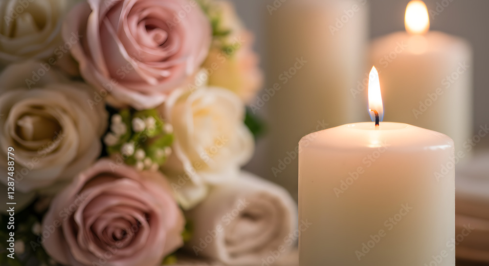 A softly lit candle is paired with a beautiful bouquet of flowers, creating a serene and romantic atmosphere A softly lit candle is paired with a beautiful bouquet of flowers, creating a serene and romantic atmosphere