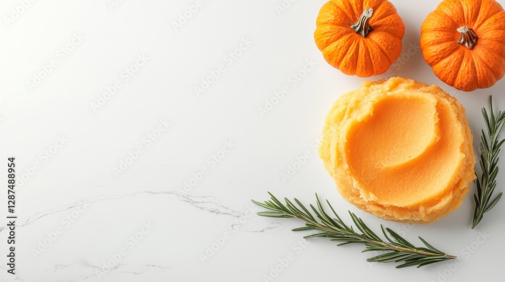 Mashed potatoes shaped into a Thanksgiving-themed decoration, styled with pumpkin and rosemary, creative food styling, isolated on white background Mashed potatoes shaped into a Thanksgiving-themed decoration, styled with pumpkin and rosemary, creative food styling, isolated on white background
