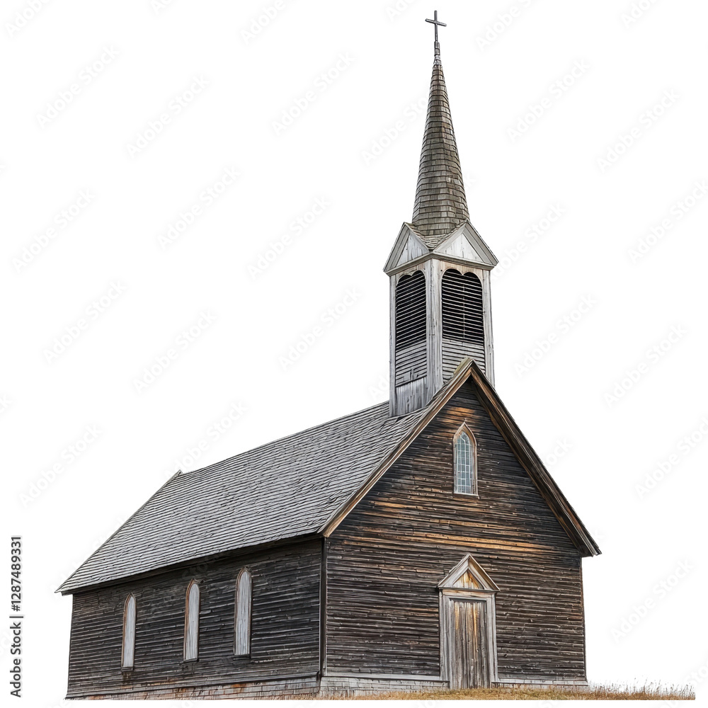 Fototapeta premium Rustic Wooden Church with Steeple Against Clear Blue Sky