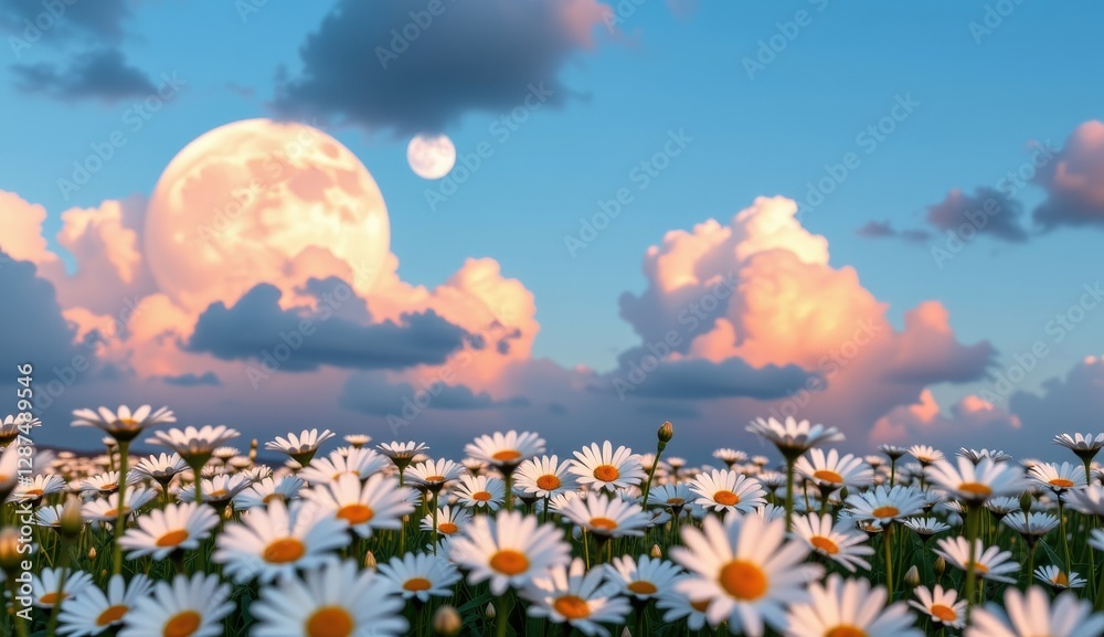 Bright daisies bloom in a vibrant field under a full moon and colorful clouds at sunset Bright daisies bloom in a vibrant field under a full moon and colorful clouds at sunset