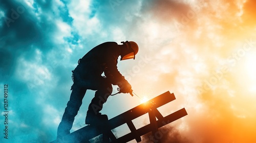 Welder Silhouette Under Dramatic Orange and Blue Sky at Dusk photo