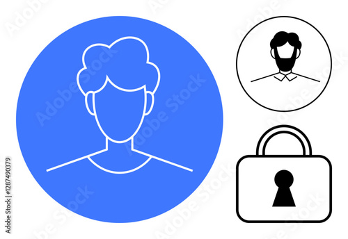 Blue circular user profile icon, black-and-white user profile icon, padlock symbol. Ideal for data protection, privacy, user authentication, security, online identity, account access web interfaces